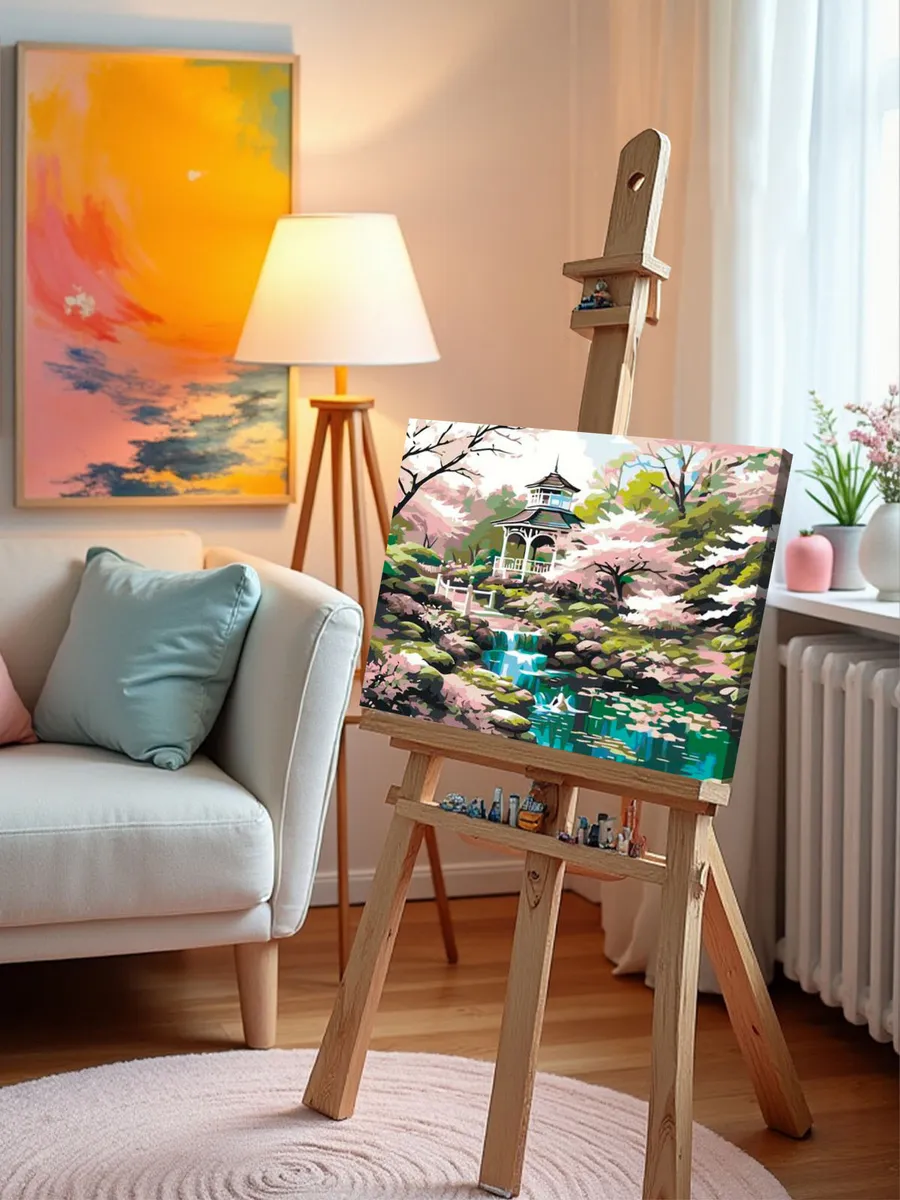 Картина по номерам «Природа: Пейзаж с беседкой в цветущем весеннем саду» — картинка 10