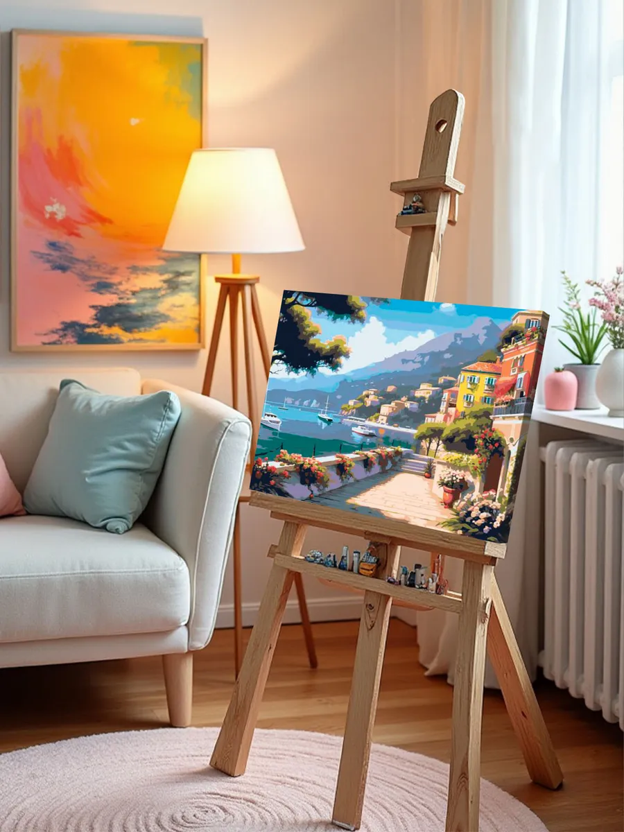 Картина по номерам «Природа: Пейзаж с набережной в городе возле моря» — картинка 9