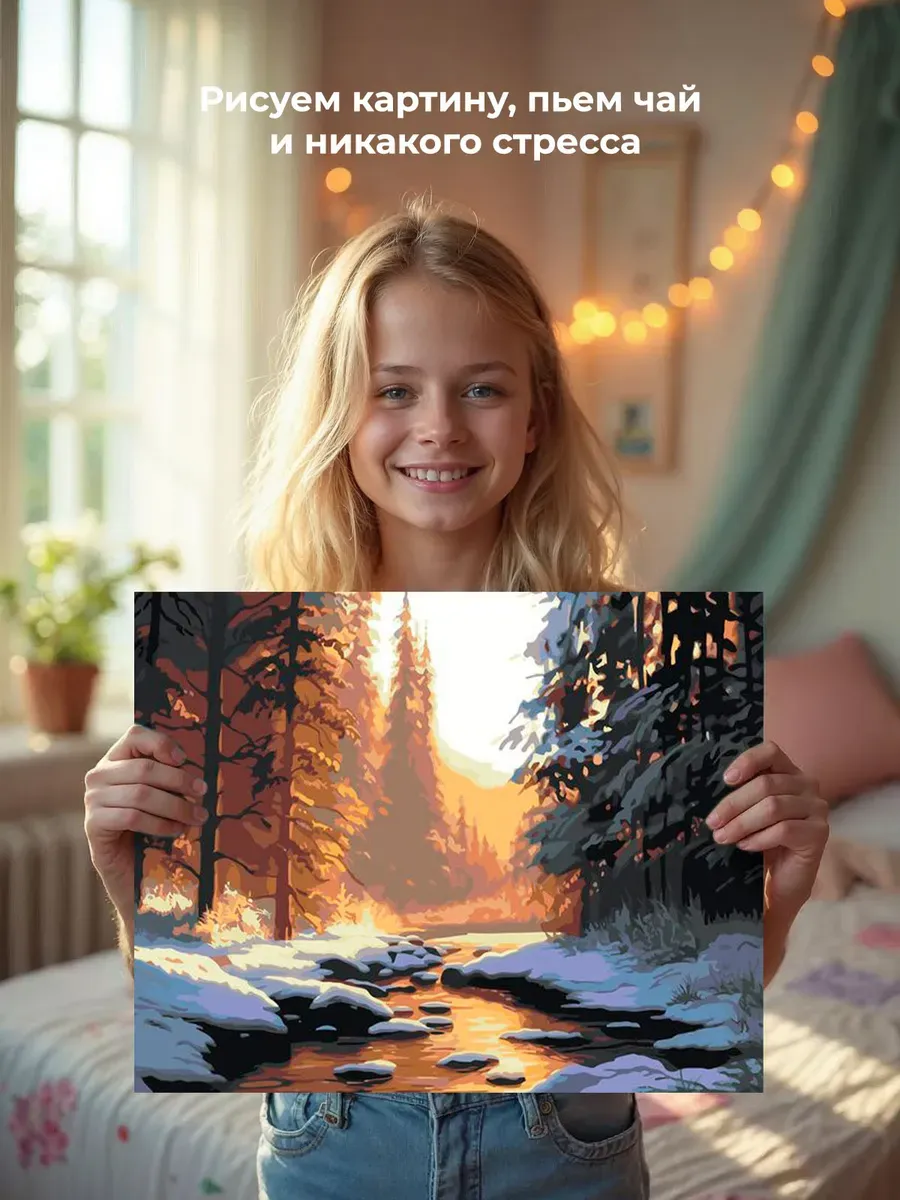 Картина по номерам «Природа: Пейзаж с ручьем в зимнем лесу» — картинка 7