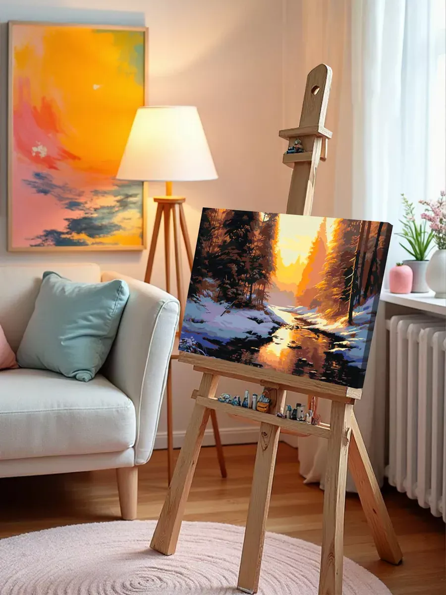 Картина по номерам «Природа: Пейзаж с ручьем в зимнем лесу 2» — картинка 10