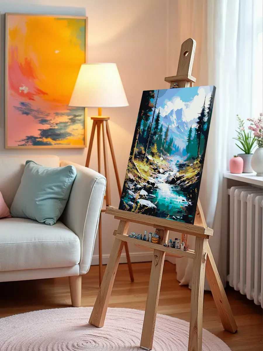 Картина по номерам «Природа: Пейзаж с лесным ручьем и видом на горы» — картинка 10