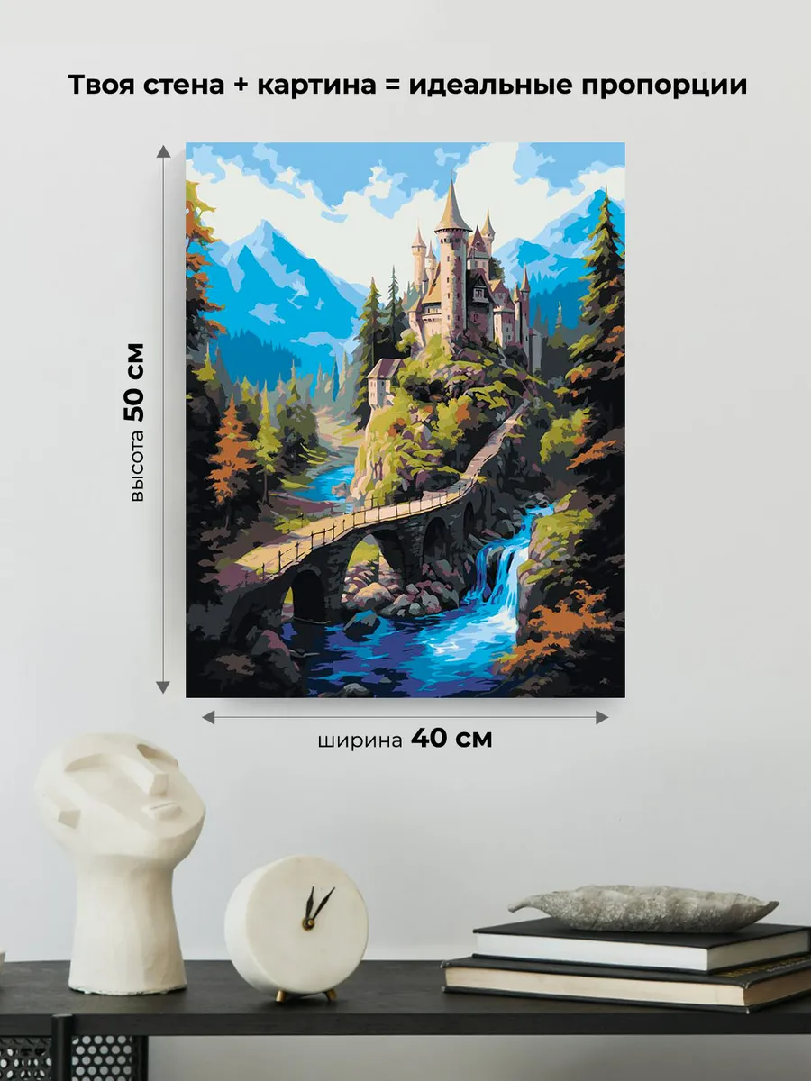 Картина по номерам «Природа: Пейзаж с водопадом, замком и видом на горы» — картинка 3