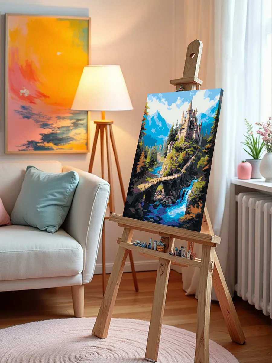 Картина по номерам «Природа: Пейзаж с водопадом, замком и видом на горы» — картинка 10