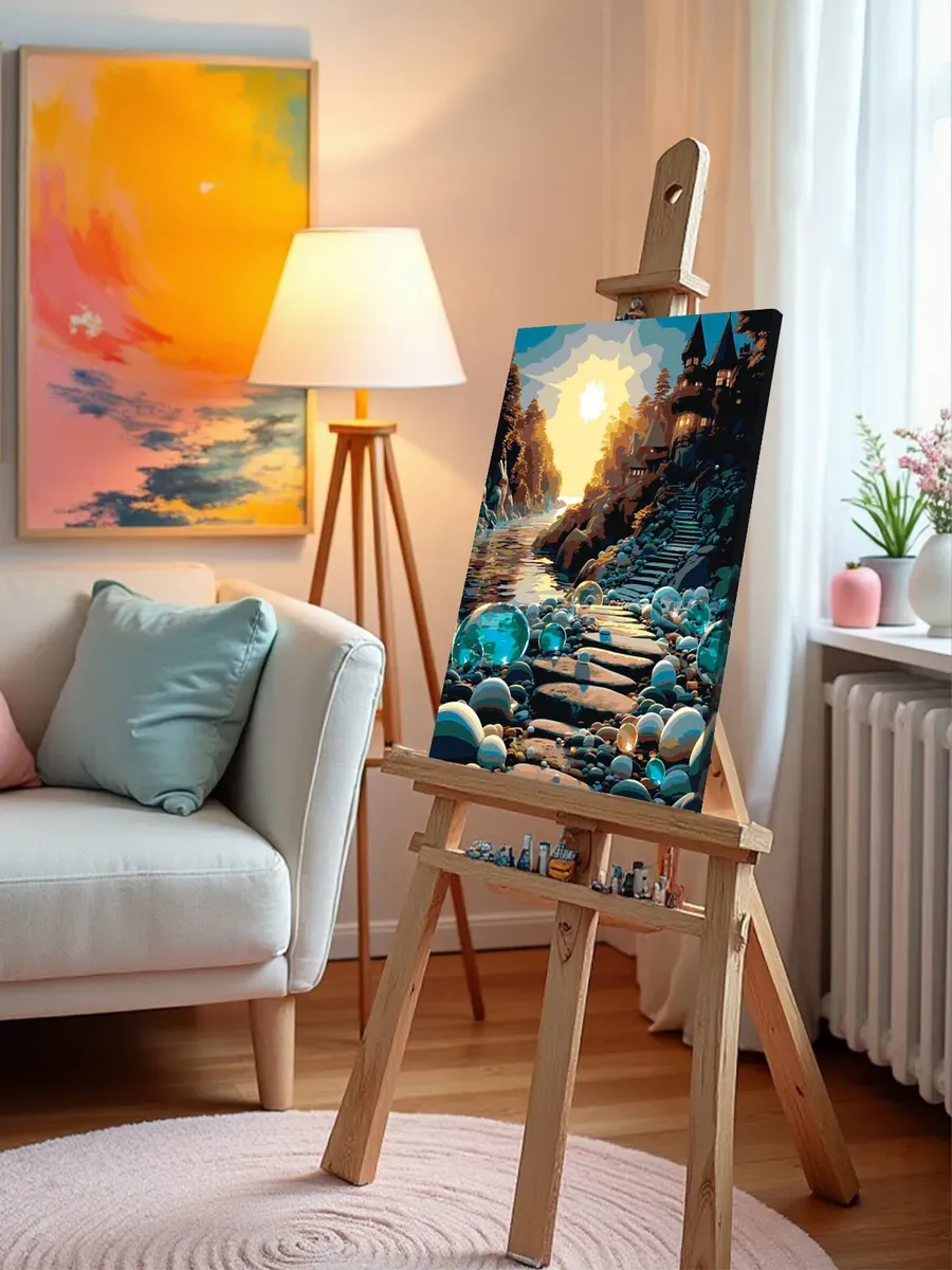 Картина по номерам «Природа: Волшебный пейзаж со сказочным домом и рекой» — картинка 10