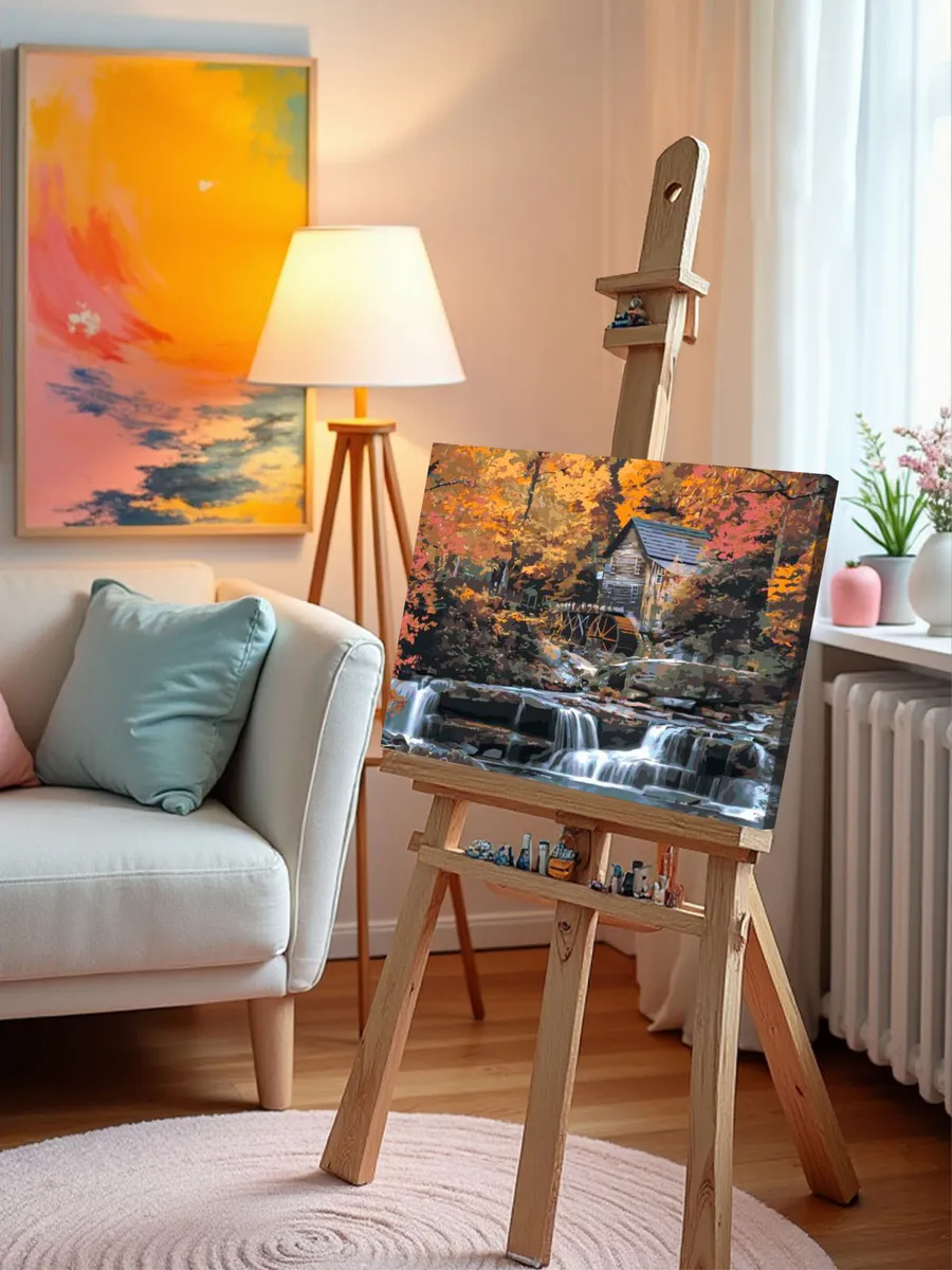 Картина по номерам «Природа: Пейзаж с водяной мельницей на ручье в осеннем лесу» — картинка 10