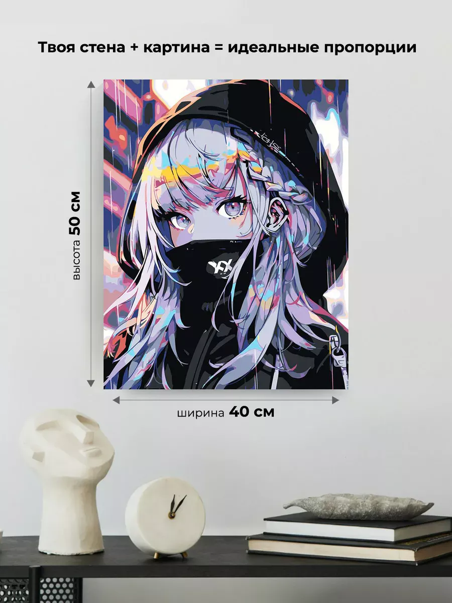 Картина по номерам «Аниме: Девушка в капюшоне в стиле киберпанк» — картинка 3