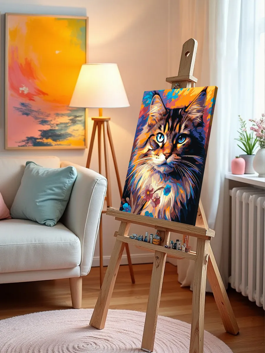 Картина по номерам «Красочный кот с голубыми глазами и цветами» — картинка 10