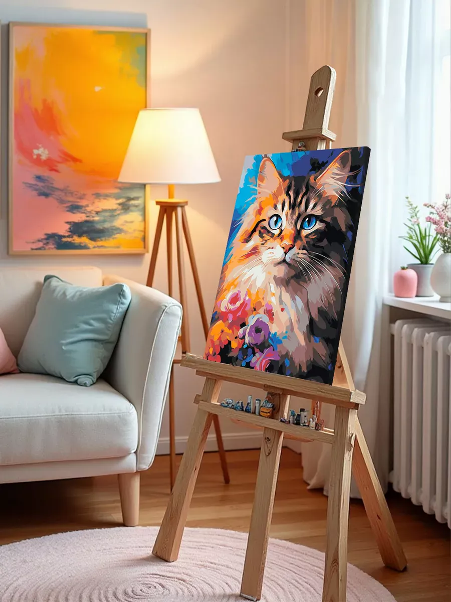 Картина по номерам «Красочный кот с голубыми глазами и цветами 2» — картинка 9