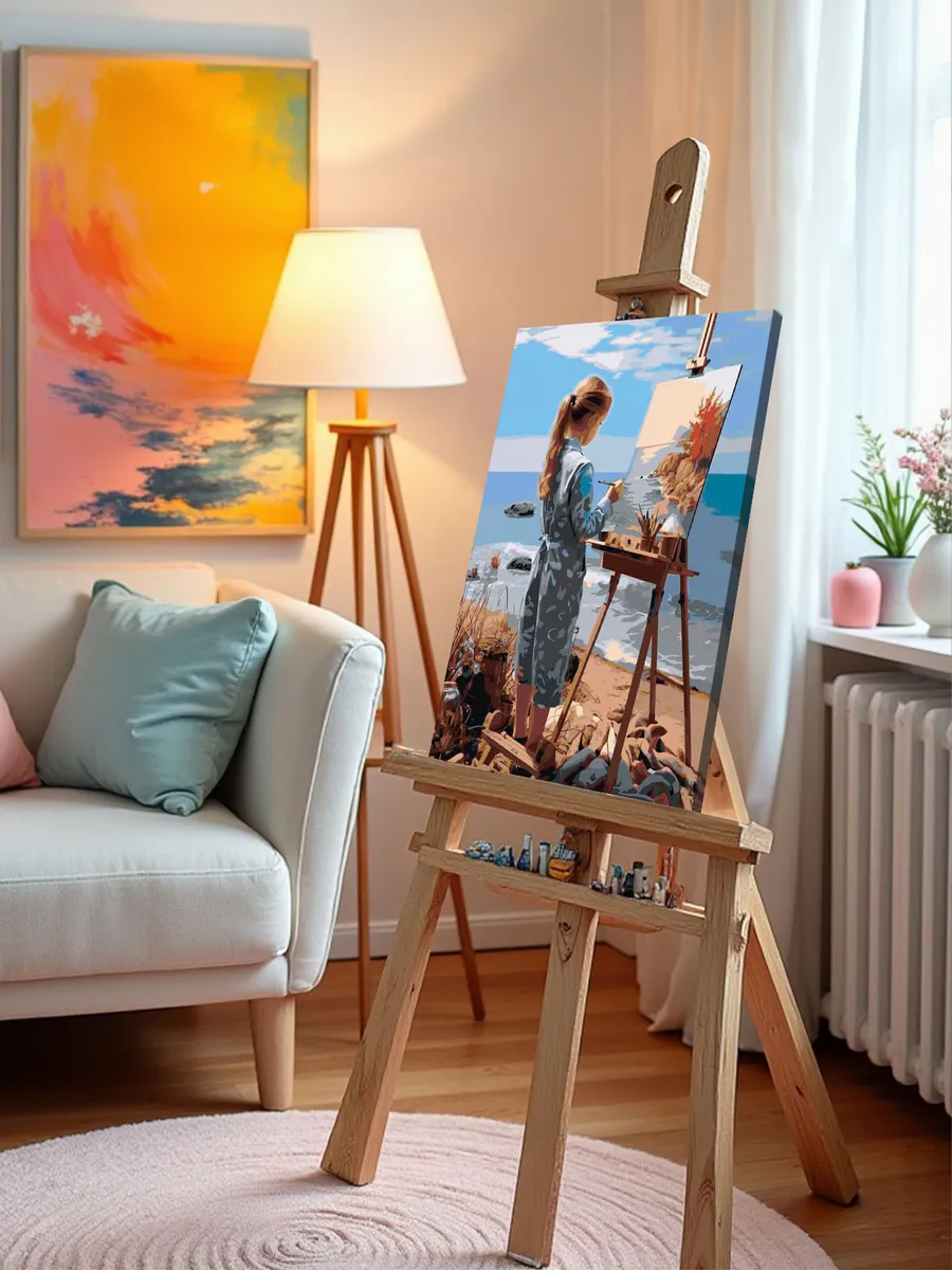 Картина по номерам «Море: Девочка рисует пейзаж на берегу» — картинка 9