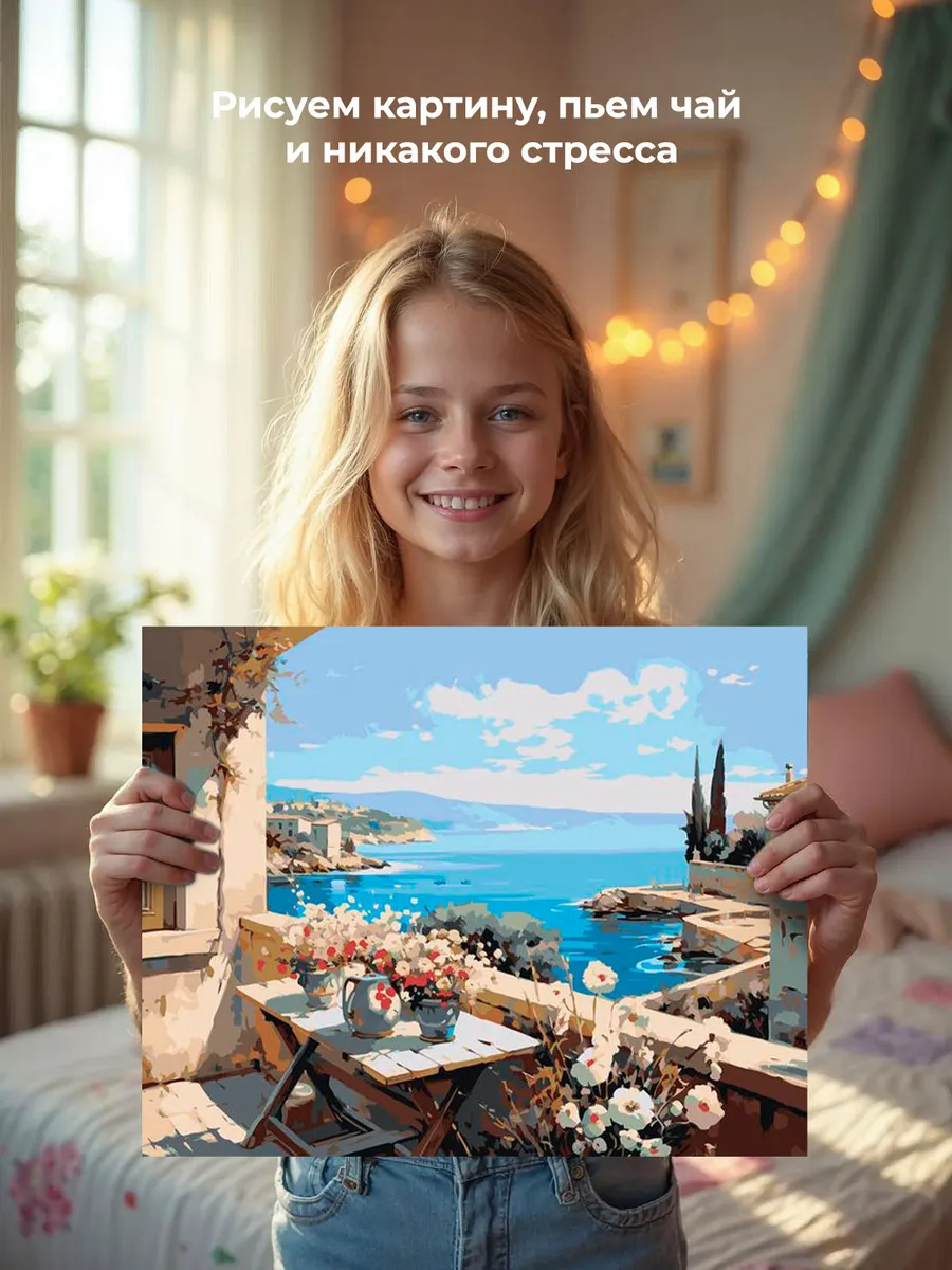 Картина по номерам «Море: Веранда с цветами и видом на залив 2» — картинка 6