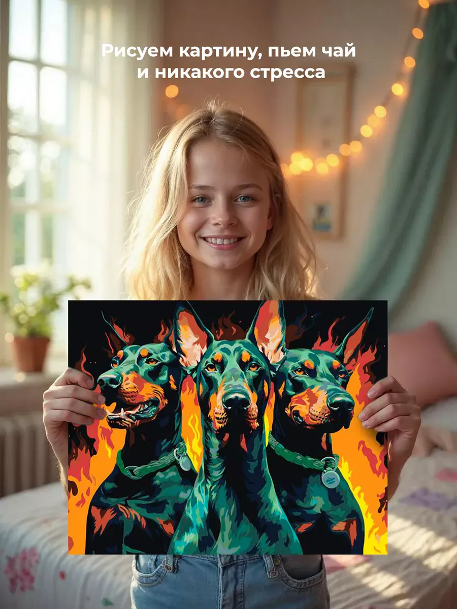 Картина по номерам «Собаки доберманы на фоне огня» — картинка 7
