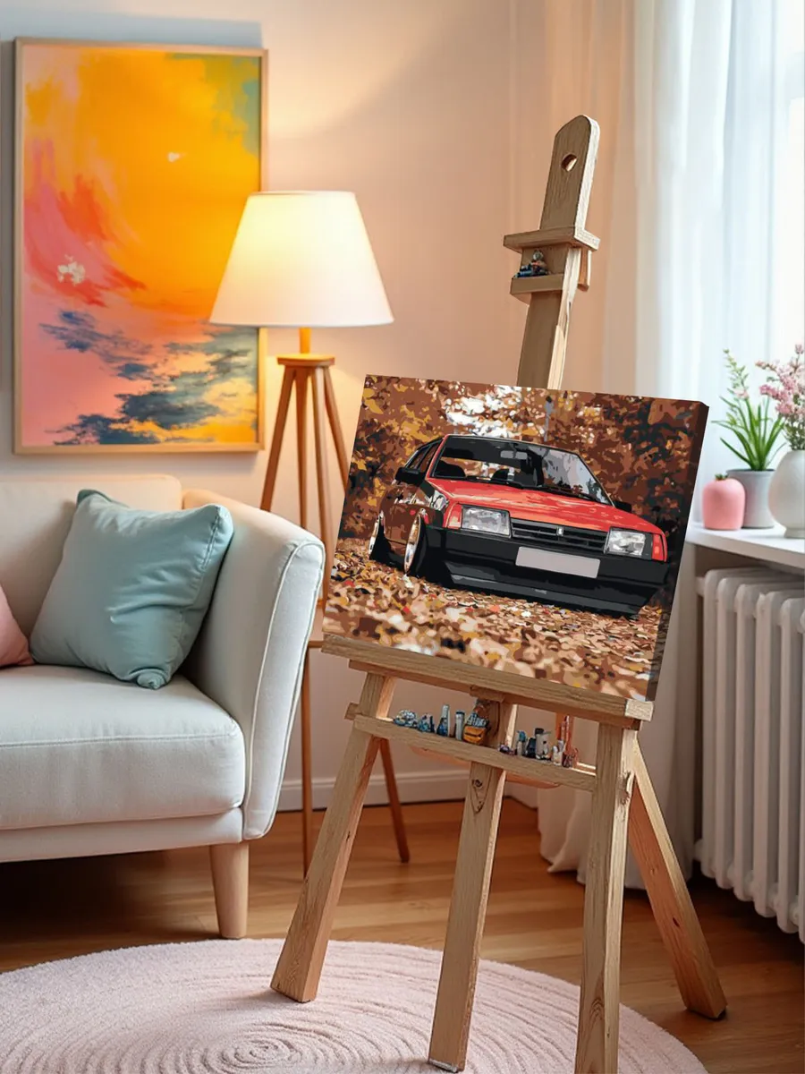 Картина по номерам «ВАЗ-2109: красная Лада девятка в осеннем лесу» — картинка 10