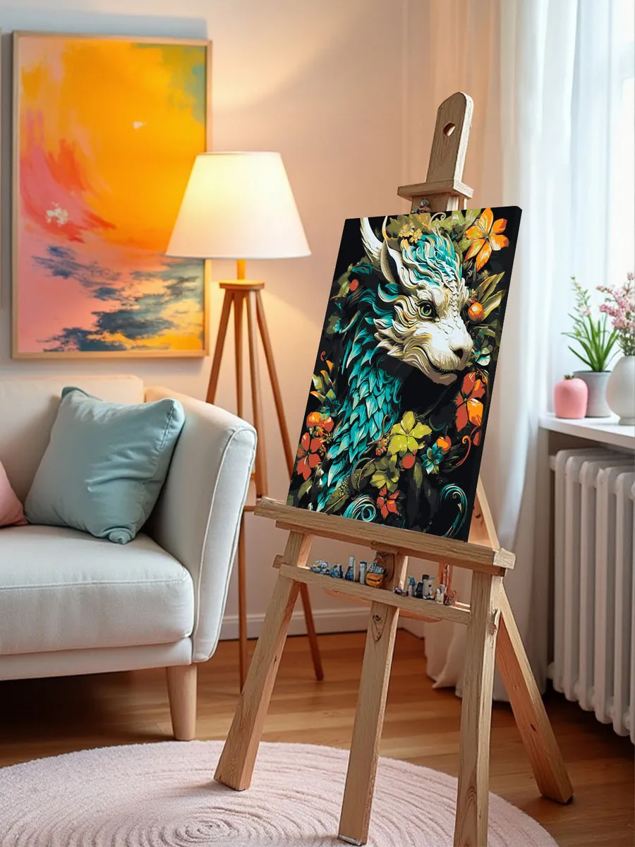 Картина по номерам «Лесной деревянный дракон в цветах» — картинка 10