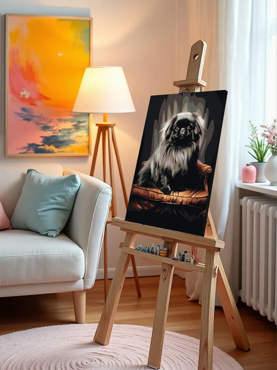 Картина по номерам «Собака черный Пекинес на кресле» — картинка 9