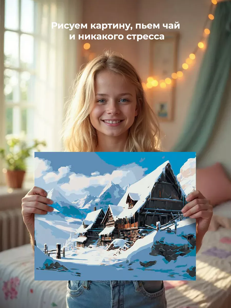 Картина по номерам «Зима: Пейзаж с домиком под снегом в горах» — картинка 7