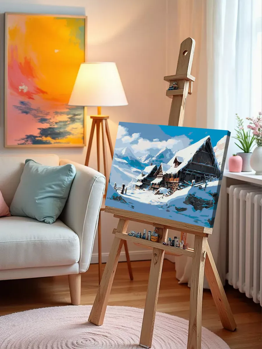 Картина по номерам «Зима: Пейзаж с домиком под снегом в горах» — картинка 10