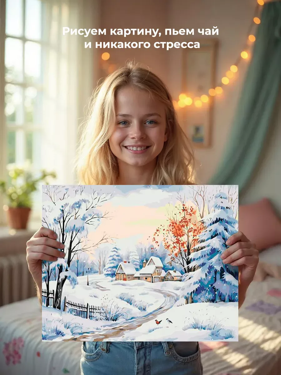 Картина по номерам «Зима: Снежное утро в деревне» — картинка 6