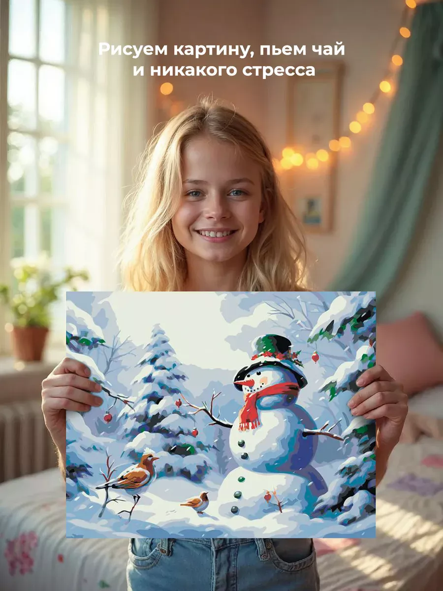 Картина по номерам «Рождество: Снеговик и птицы в зимнем лесу» — картинка 6