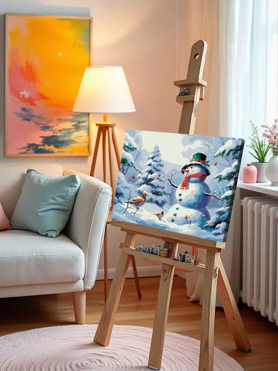 Картина по номерам «Рождество: Снеговик и птицы в зимнем лесу» — картинка 9