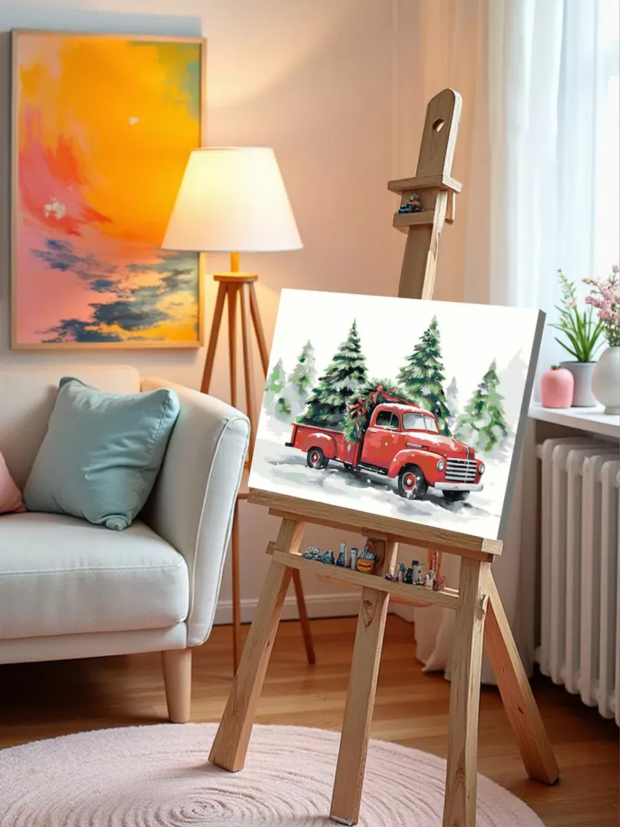 Картина по номерам «Рождество: Красный пикап и зеленые елки» — картинка 9