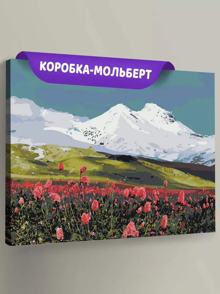 Картина по номерам «Пейзаж гора Эльбрус в снегу и цветы 2»