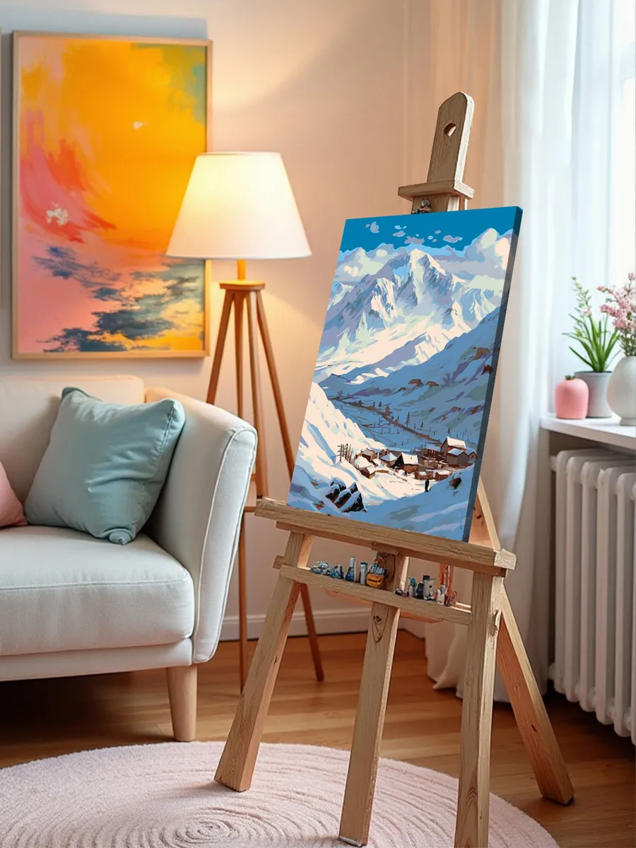 Картина по номерам «Пейзаж зимняя деревня у горы Эльбрус» — картинка 10