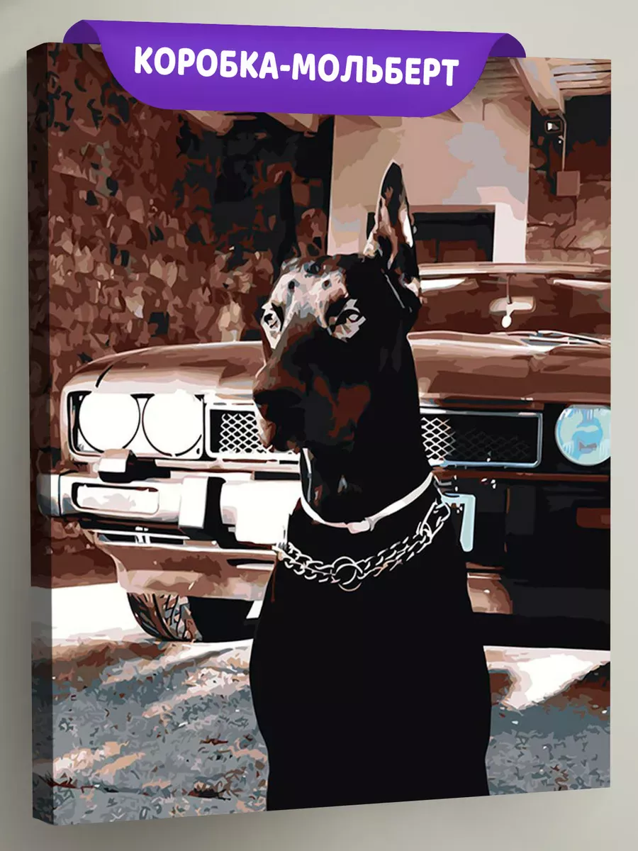 Картина по номерам «Машина Шевроле и собака доберман 40х50»