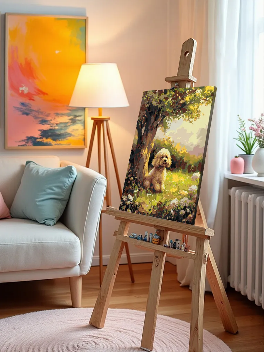 Картина по номерам «Собака пудель под деревом, цветы 40х50» — картинка 10