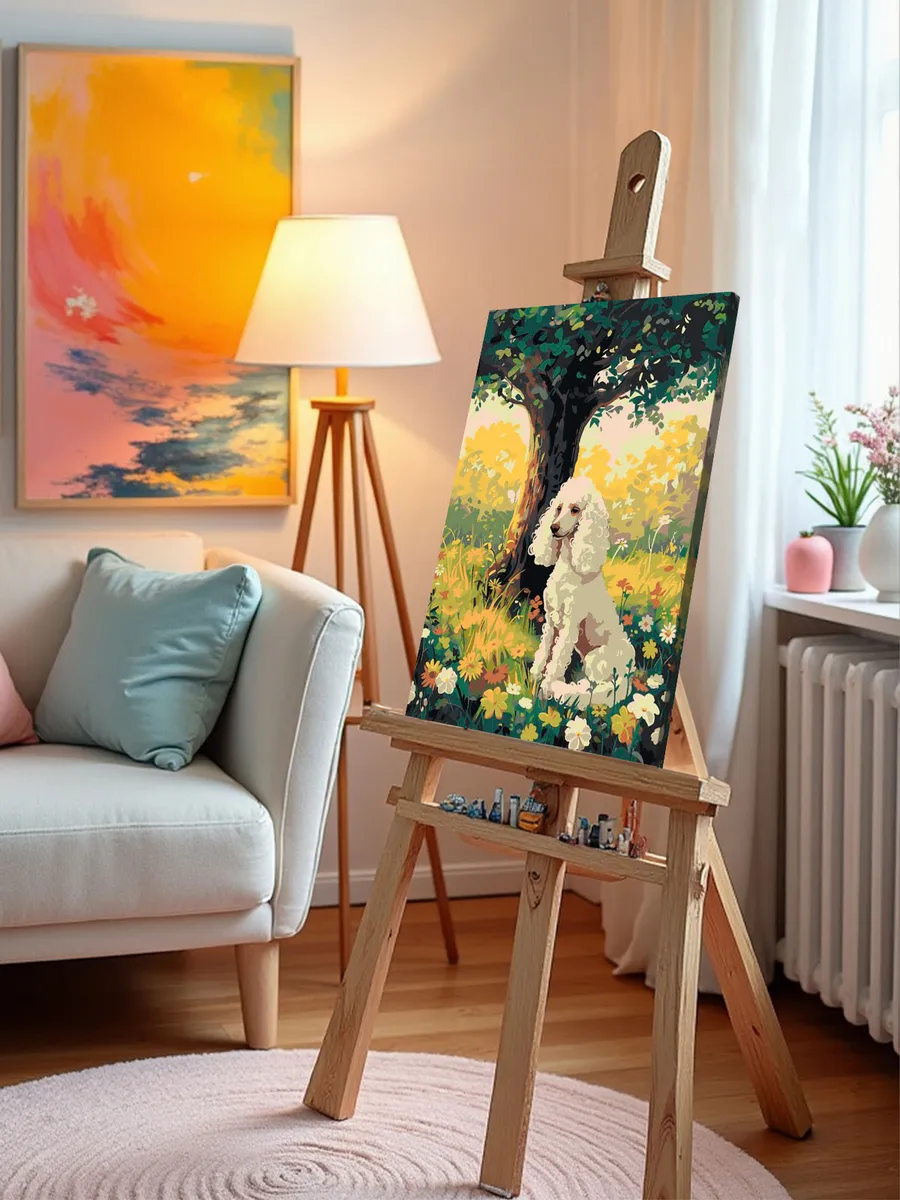 Картина по номерам «Собака пудель под деревом, цветы 40х50» — картинка 9