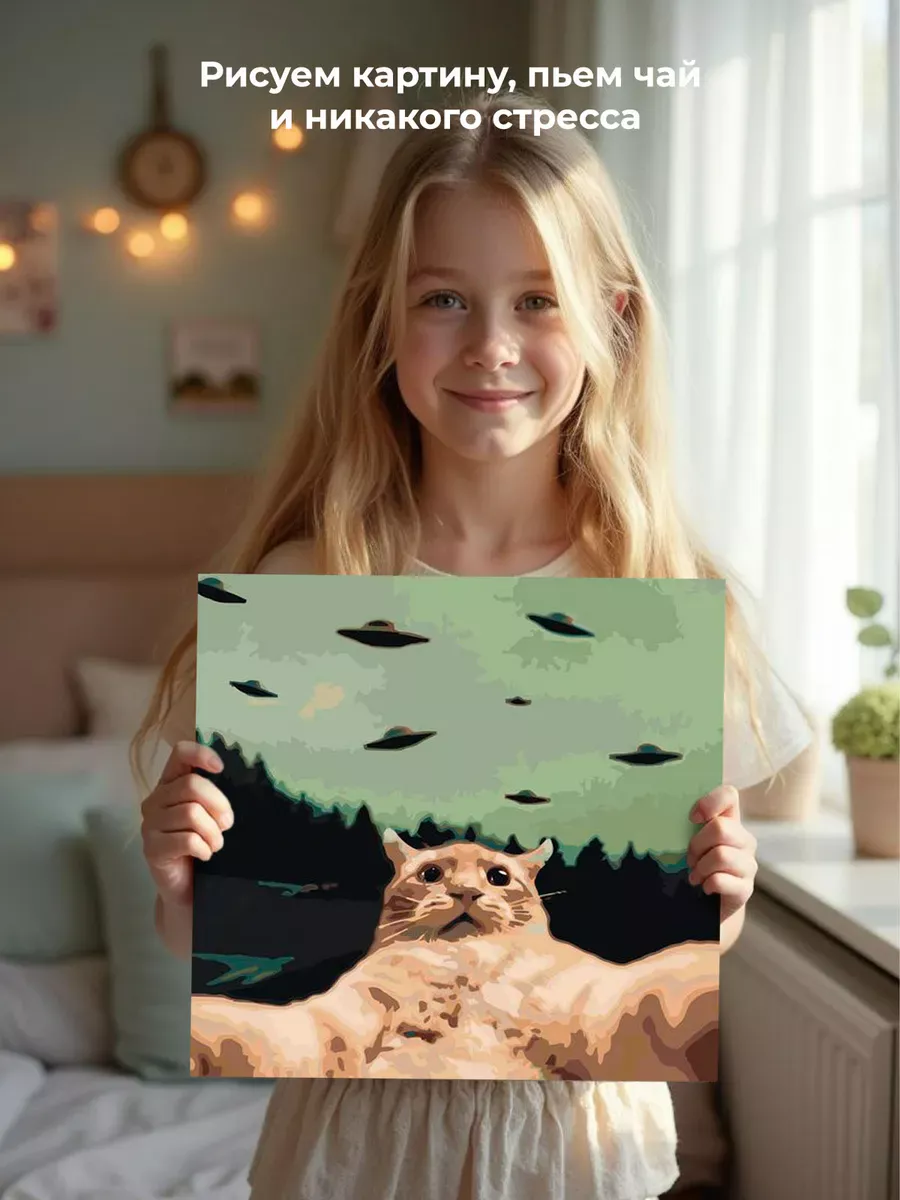 Картина по номерам «Мем: кот делает селфи, НЛО 40x40» — картинка 6