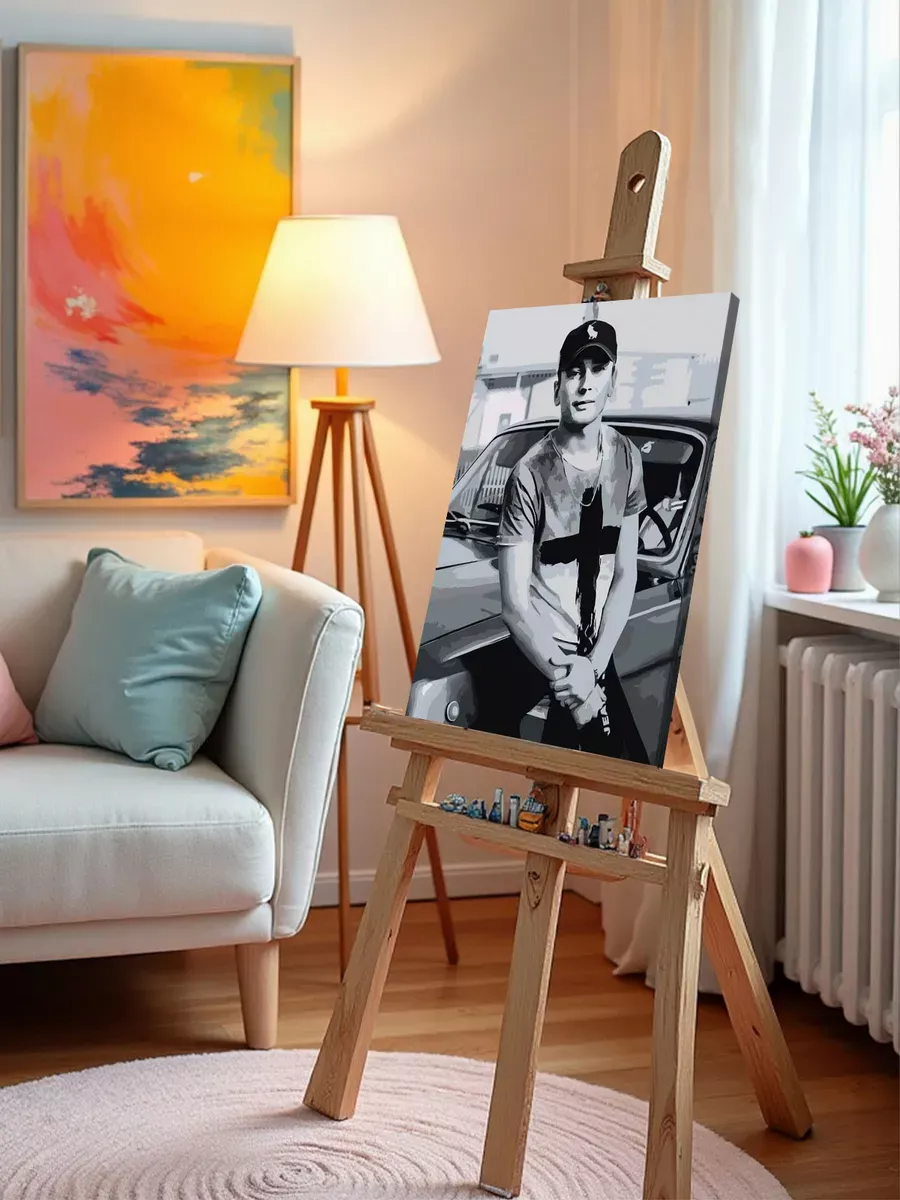 Картина по номерам «Рэпер Сантиз Santiz: чб портрет, машина» — картинка 10