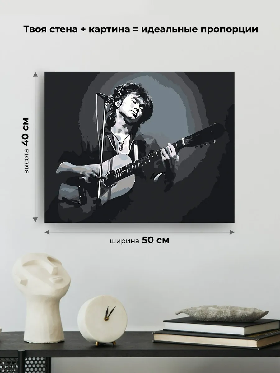 Картина по номерам «Группа Кино: Виктор Цой с гитарой, чб» — картинка 3