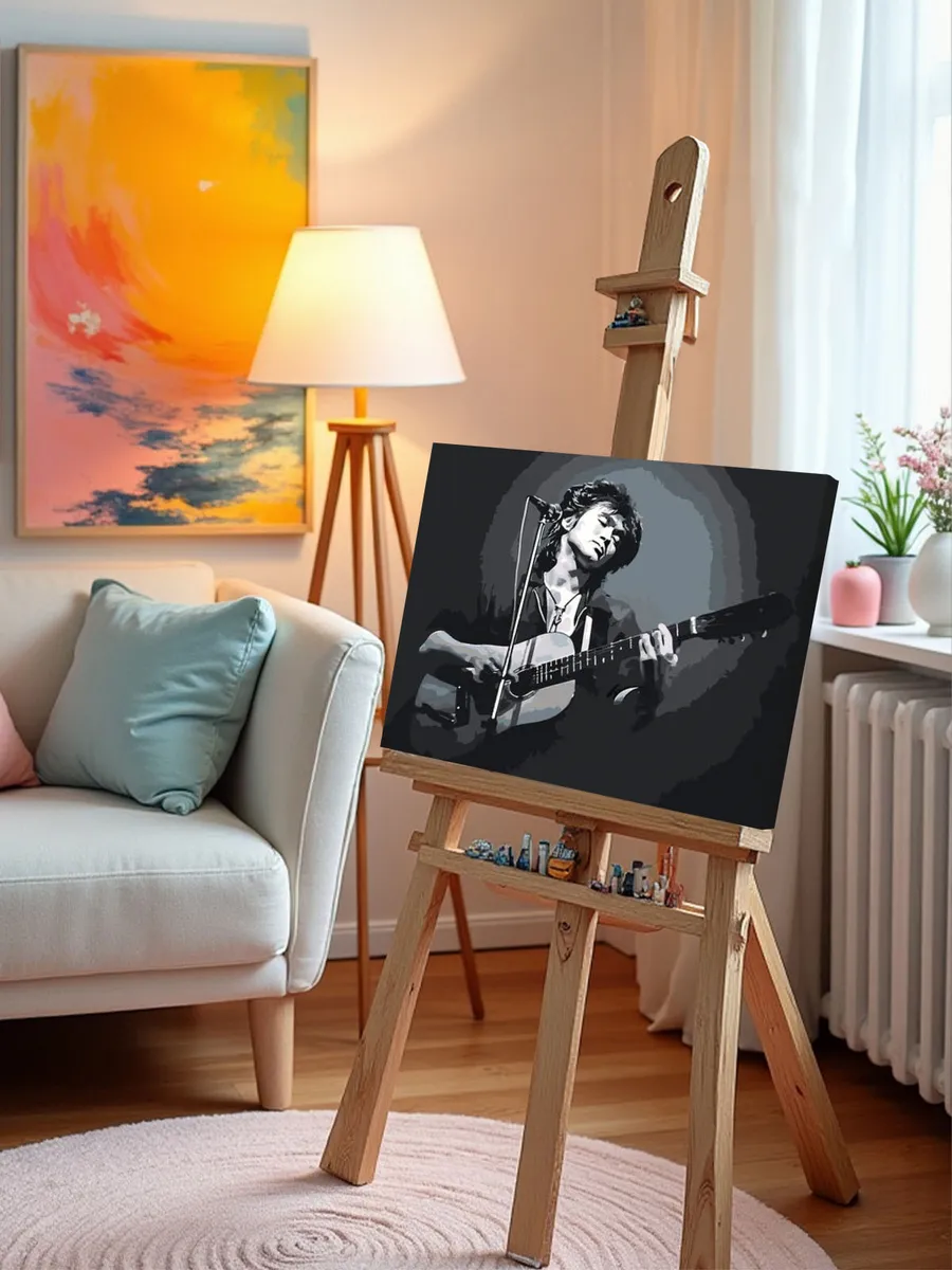 Картина по номерам «Группа Кино: Виктор Цой с гитарой, чб» — картинка 9