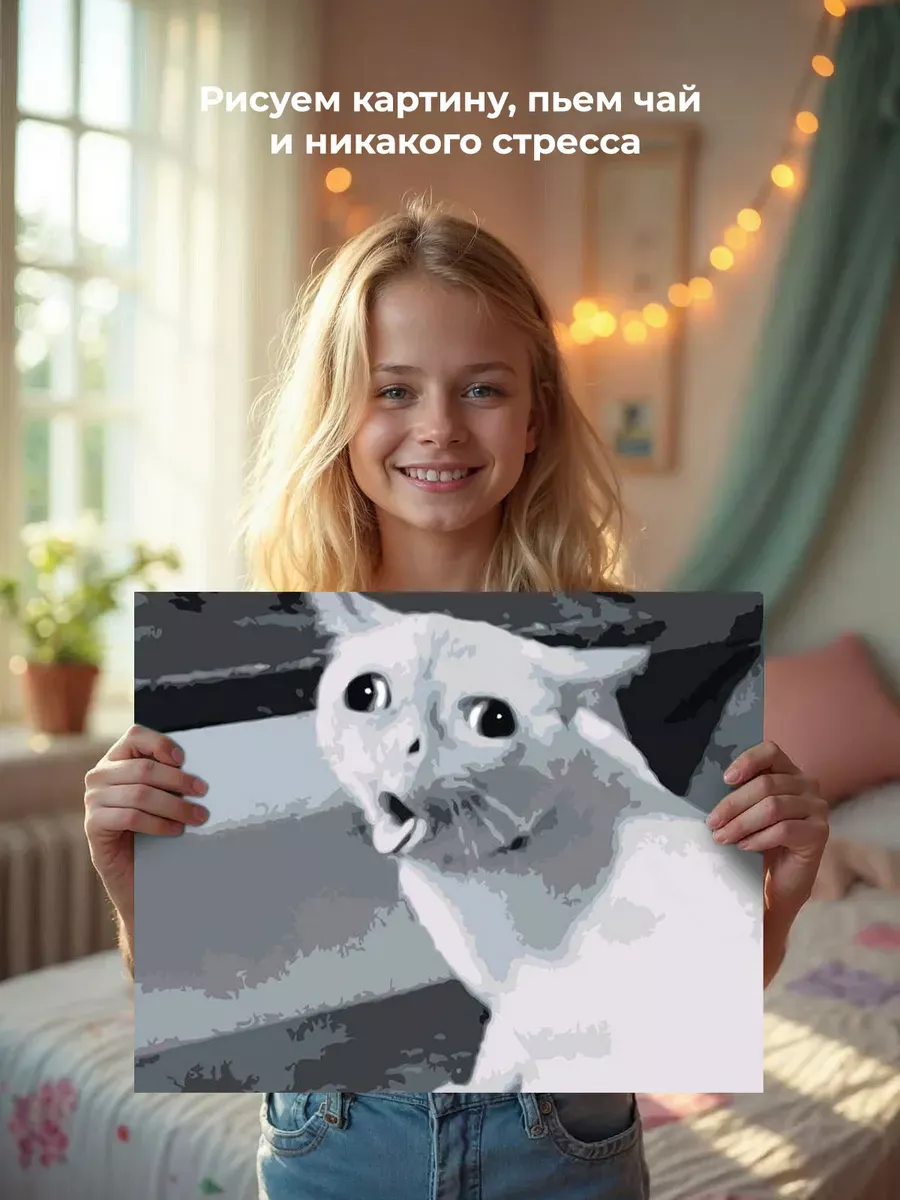 Картина по номерам «Мем, коты из мемов: Белый кот чб 40x50» — картинка 6