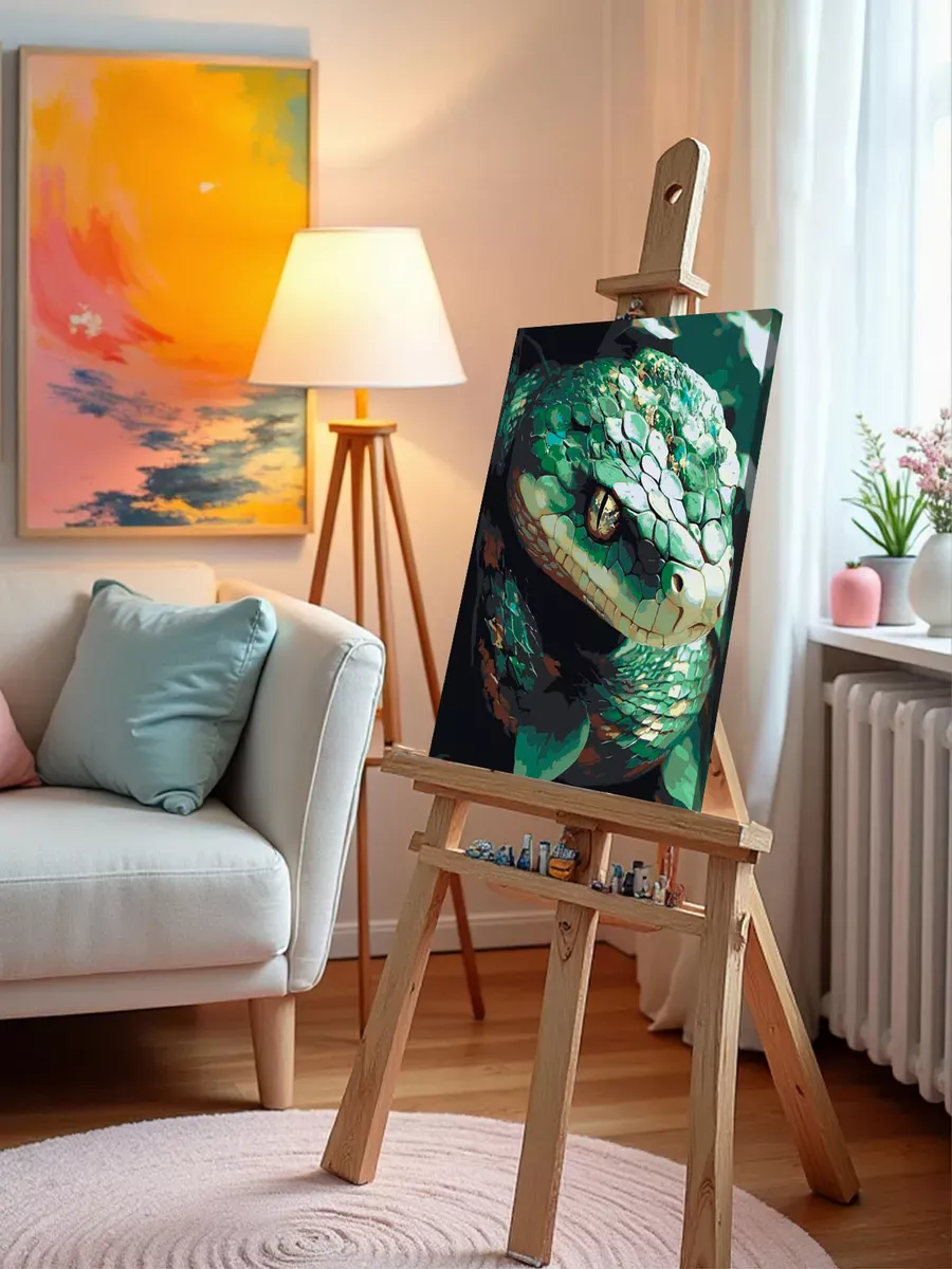 Картина по номерам «Зеленая змея в лесу, Новый год, животные» — картинка 9