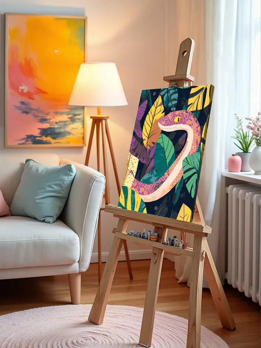 Картина по номерам «Разноцветная змея в листьях, Символ года» — картинка 9