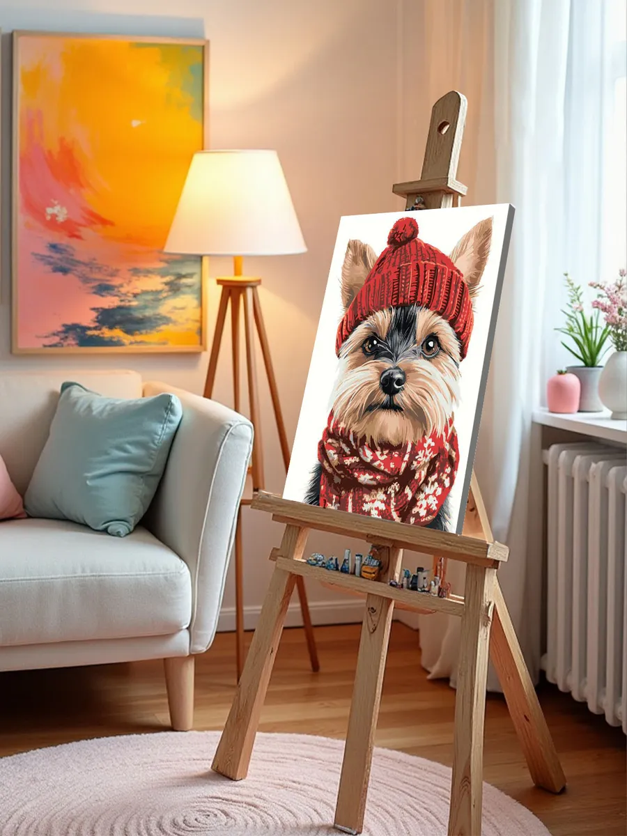 Картина по номерам «Собаки: йоркширский терьер в шапке» — картинка 10