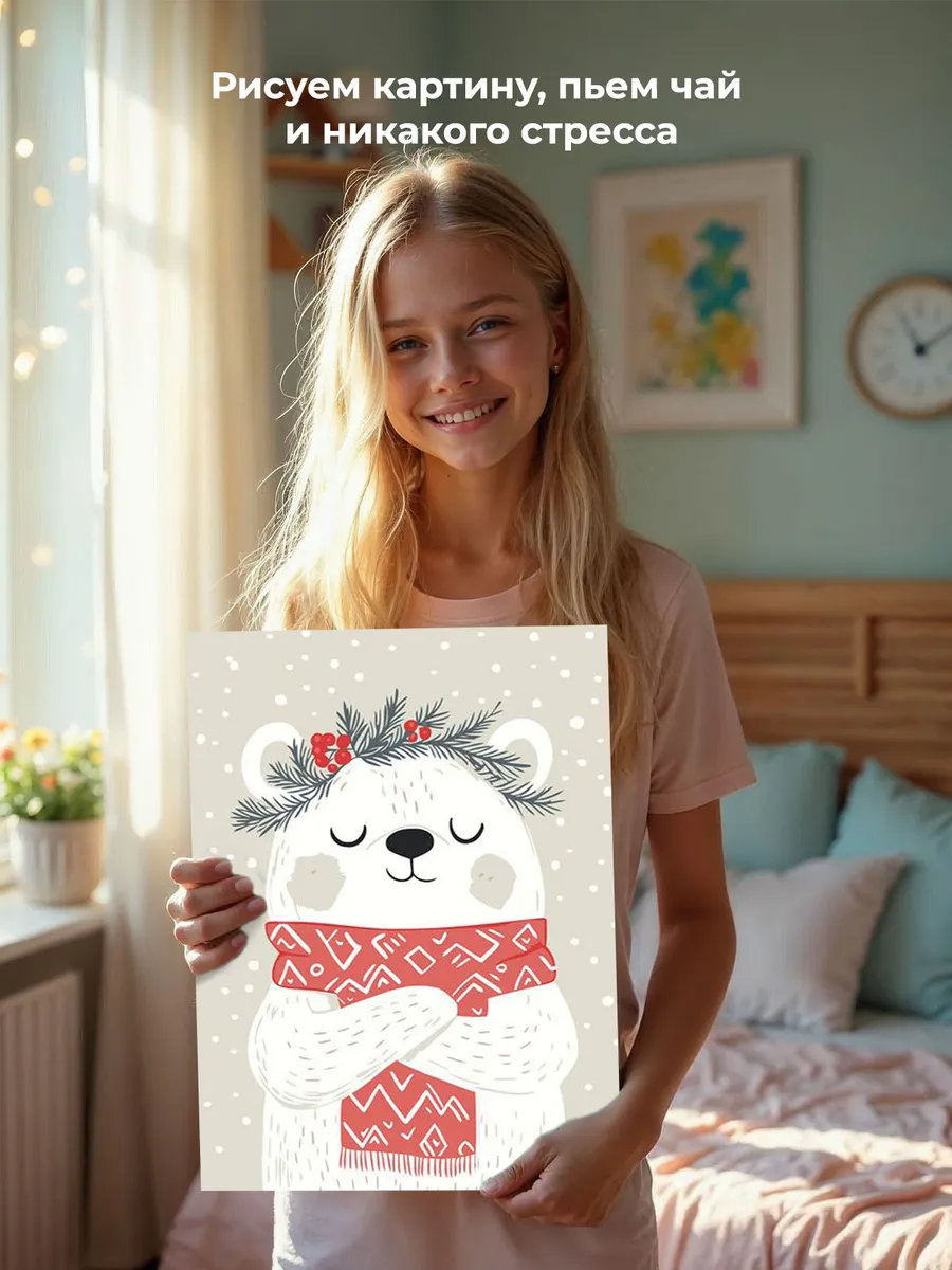 Картина по номерам «Детская, для детей: белый медведь, снег» — картинка 7