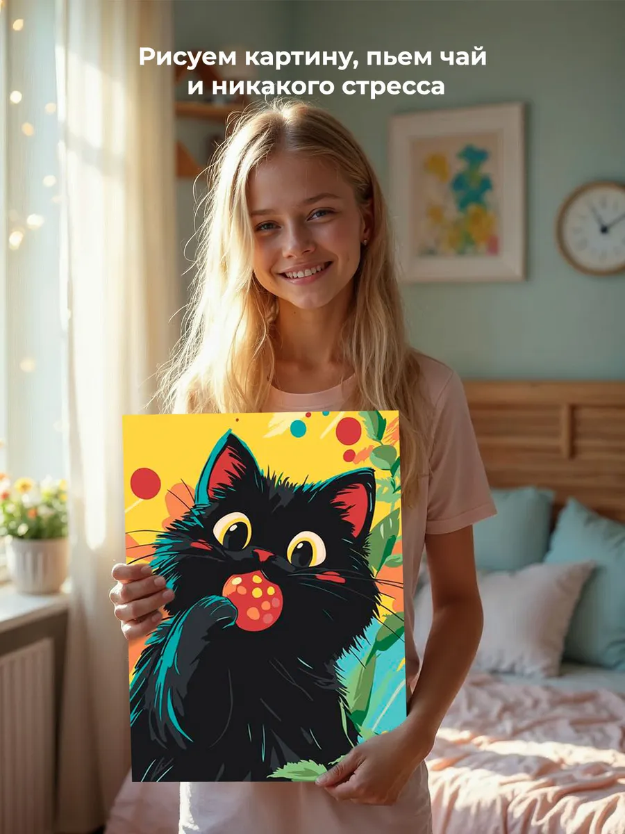 Картина по номерам «Детская, для детей: черный кот-воришка» — картинка 7