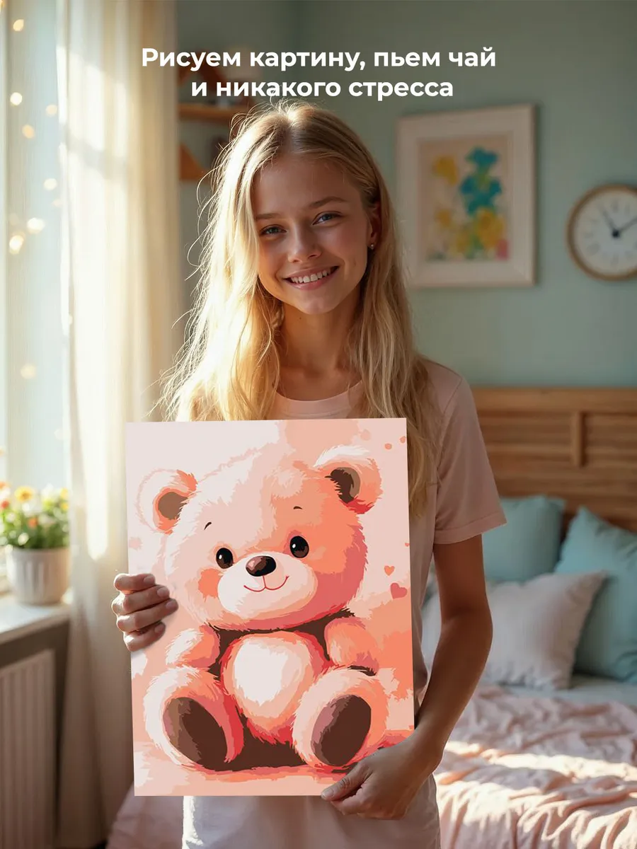 Картина по номерам «Детская, для детей: розовый медвежонок» — картинка 7