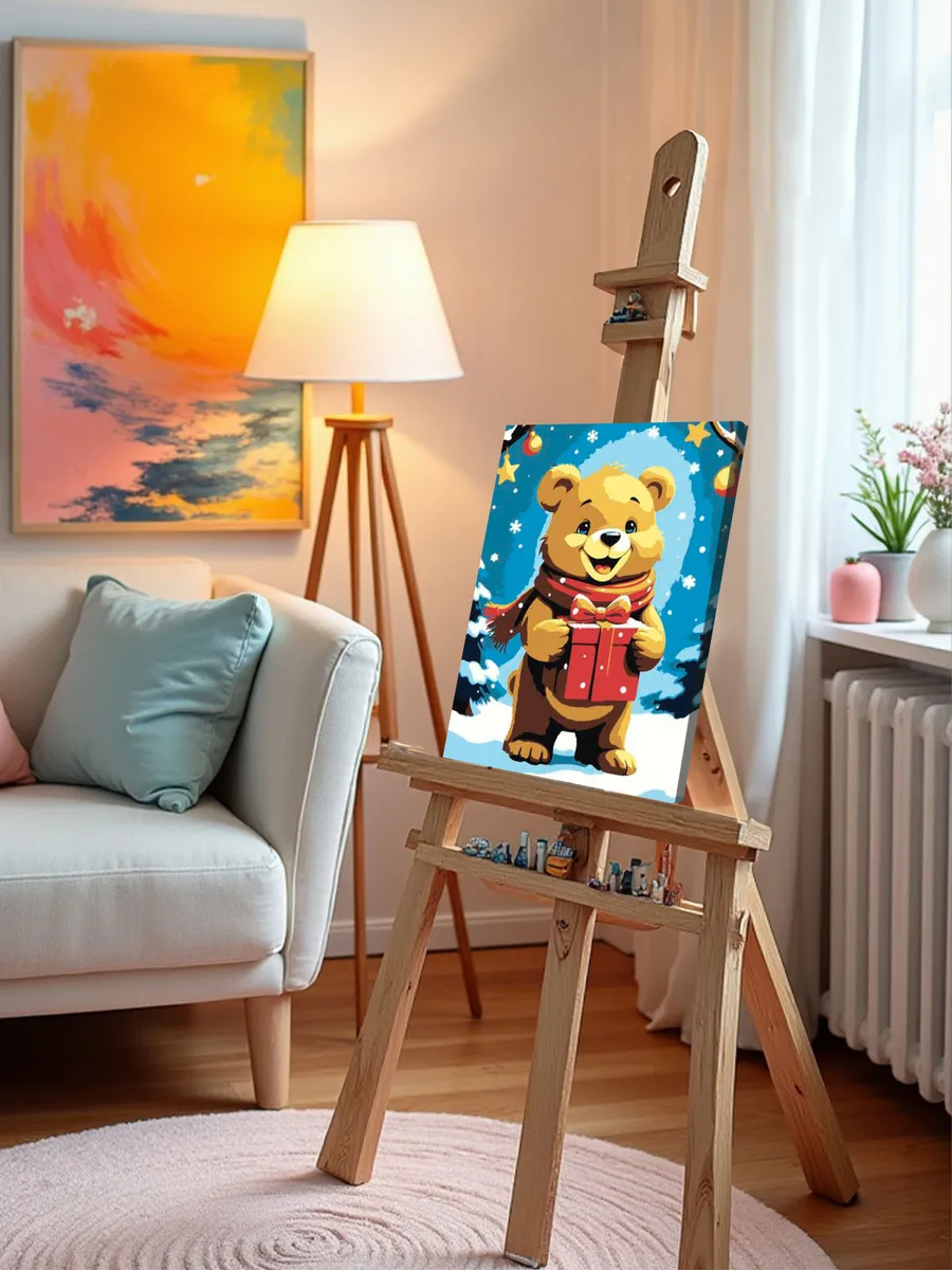 Картина по номерам «Детская: медведь с подарком, новогодняя» — картинка 9