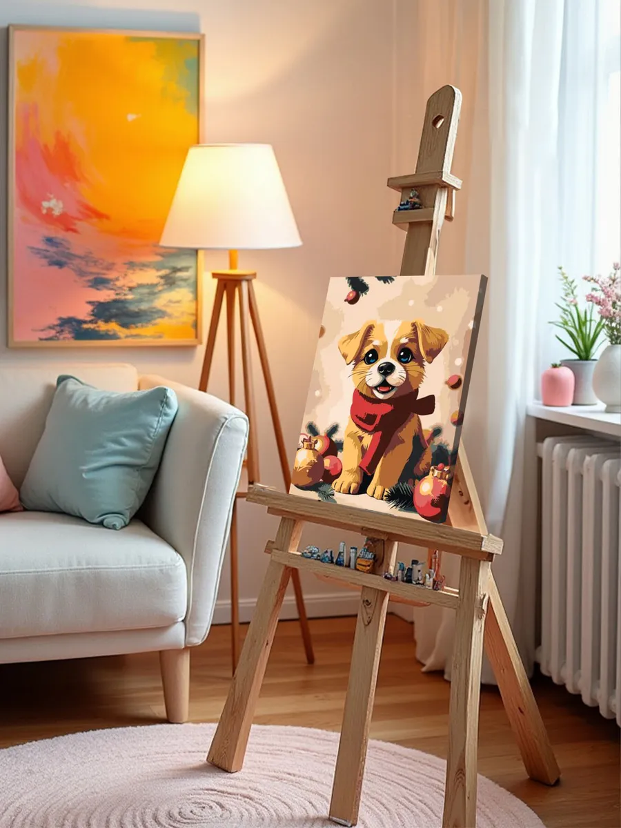 Картина по номерам «Детская: собака щенок, новогодняя 30x40» — картинка 9