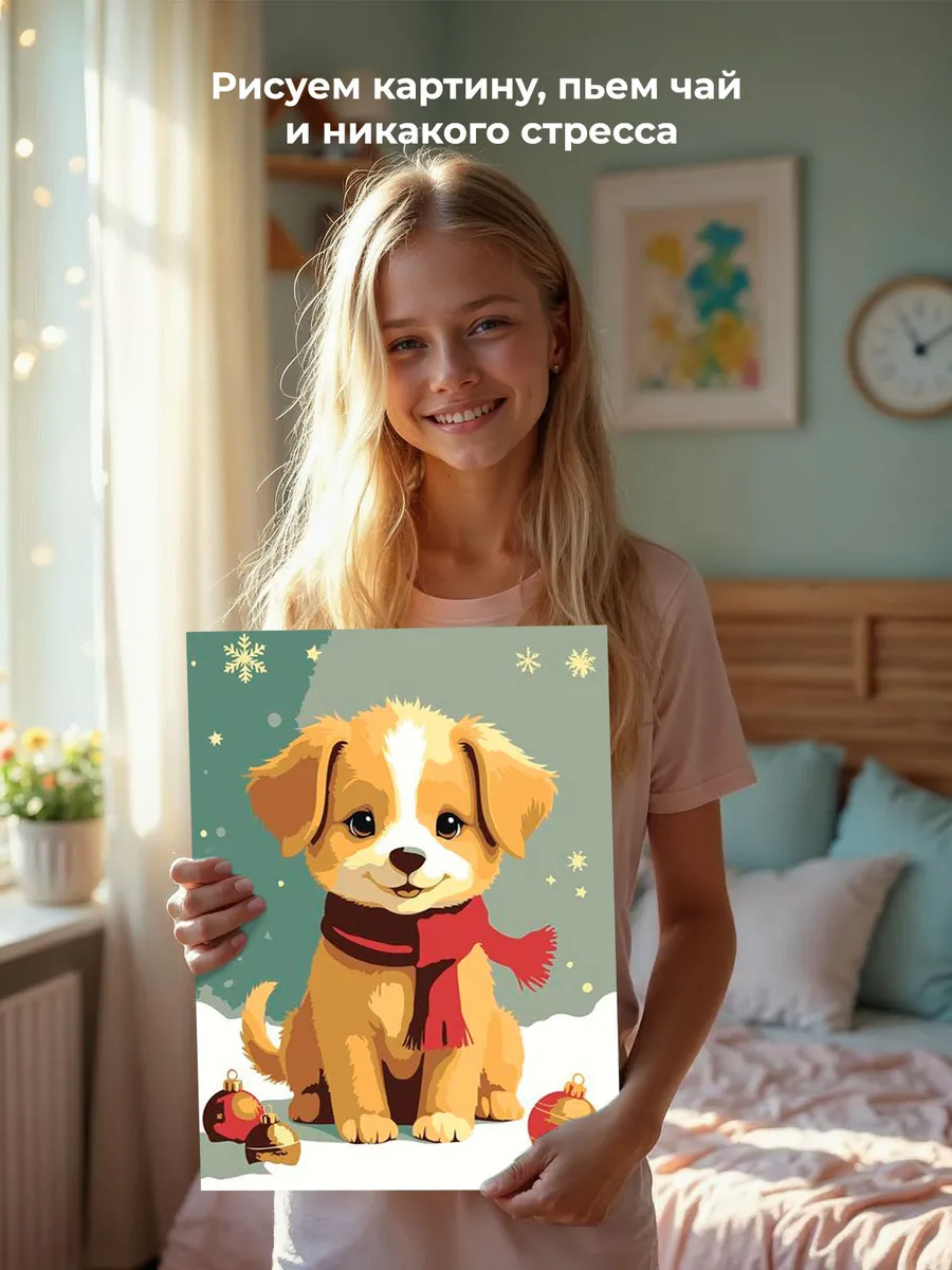 Картина по номерам «Детская: собака щенок, новогодняя 30x40» — картинка 6