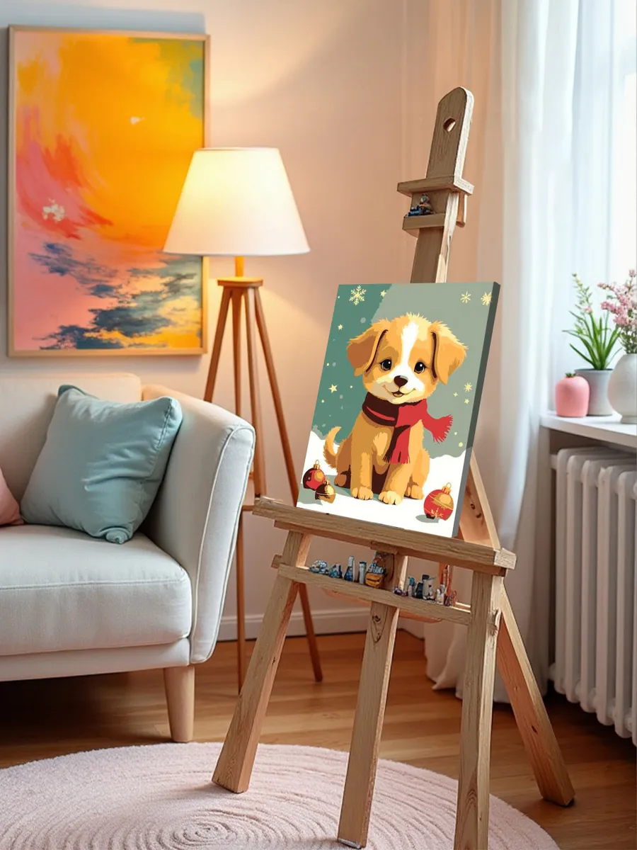Картина по номерам «Детская: собака щенок, новогодняя 30x40» — картинка 9