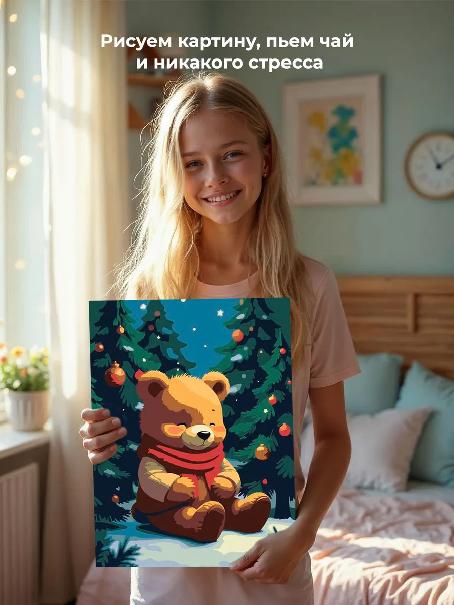 Картина по номерам «Детская: мишка и ёлки, новогодняя 30x40» — картинка 6