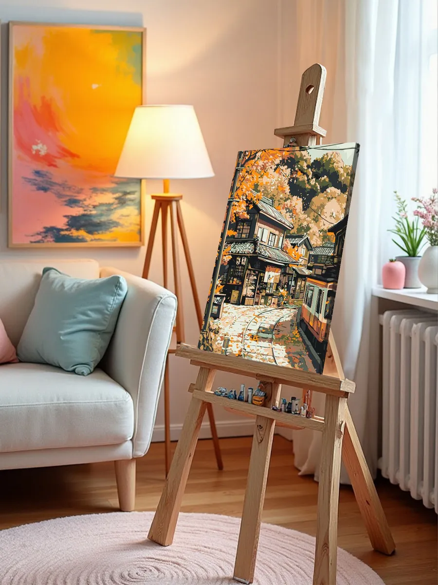 Картина по номерам «Осень: трамвай в уютной деревне, Япония» — картинка 10