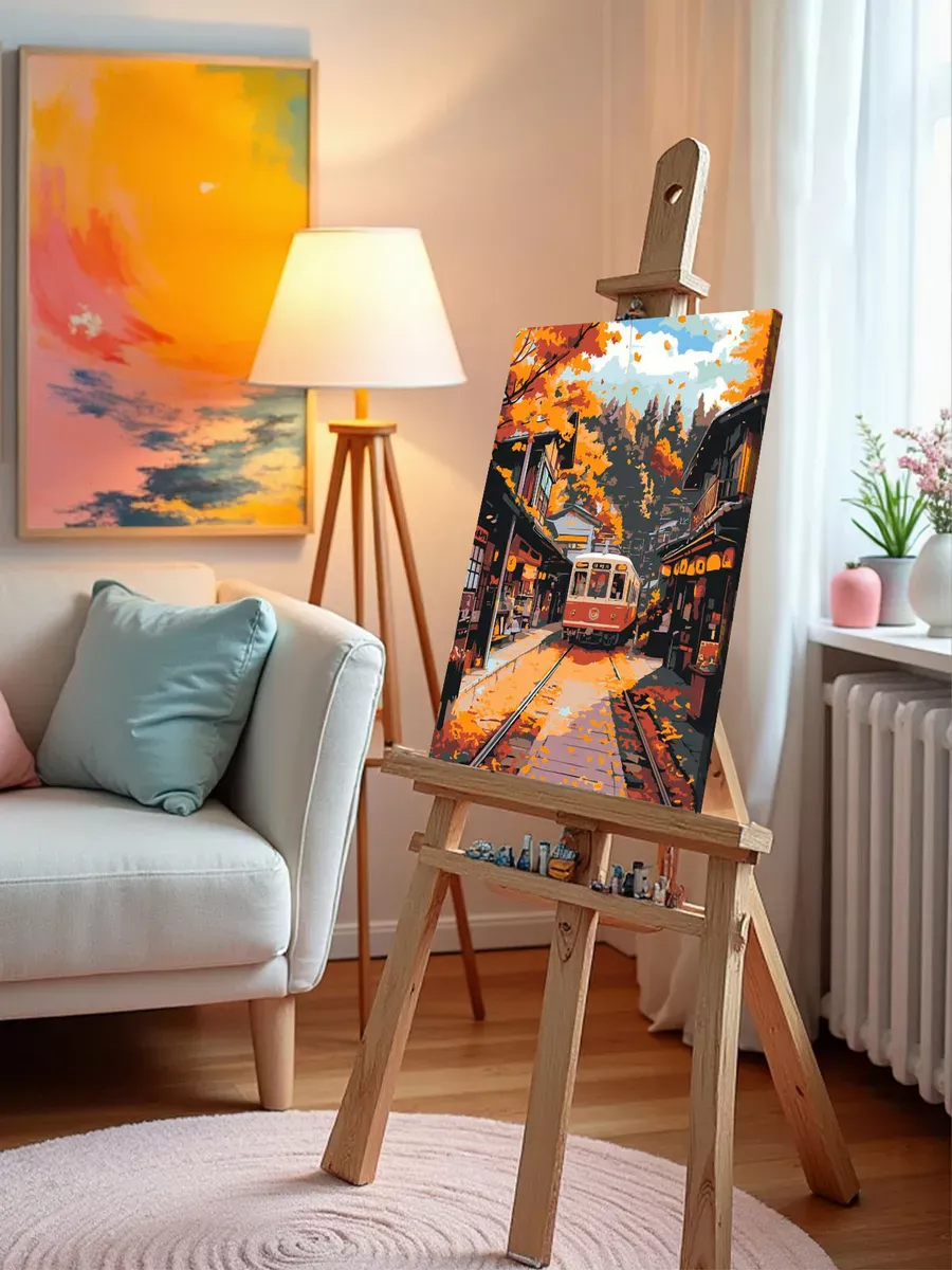 Картина по номерам «Осень: поезд в уютном городе, Япония» — картинка 10