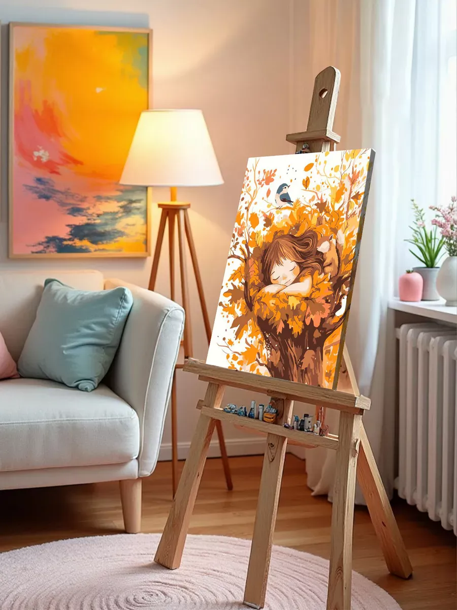 Картина по номерам «Осень: девочка и птицы в ярких листьях» — картинка 10