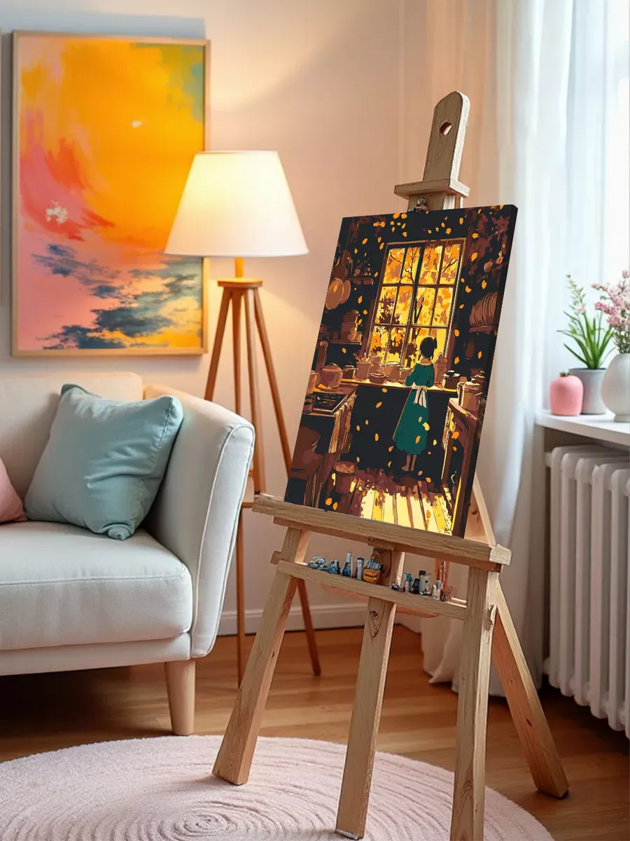 Картина по номерам «Осень: девочка на кухне, осенний пейзаж» — картинка 10