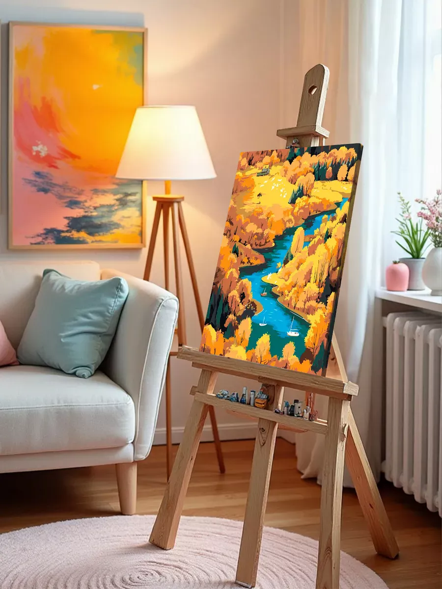 Картина по номерам «Осень: речка в осеннем лесу, пейзаж» — картинка 10